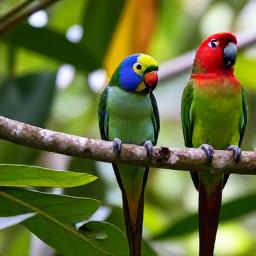 Caribbean Holidays, September Birdwatching, Sisserou parrot and red-necked parrot in Dominica rainforest canopy, colourful tropical leaves and soft natural light