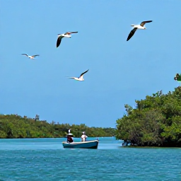 Caribbean Holidays, September Birdwatching, Small boat travelling through mangroves towards the Frigate Bird Sanctuary on Barbuda, with seabirds overhead