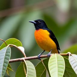 Caribbean Holidays, September Birdwatching, The Montserrat Oriole perched among green leaves in Montserrat rainforest, photographed in natural early morning light