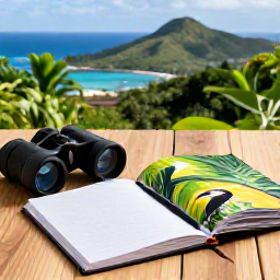 Caribbean Holidays, September Birdwatching, Travel notebook, binoculars and tropical bird guide on a wooden table overlooking a lush Caribbean landscape
