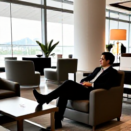 Caribbean Holidays, September Business Class, Business class passenger relaxing in an elegant airport lounge before a flight to Cura&ccedil;ao