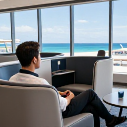 Caribbean Holidays, September Business Class, Business class traveller relaxing in a comfortable airport lounge before a Caribbean flight