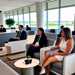 Caribbean Holidays, September Business Class, Business class travellers relaxing in a modern airport lounge before a flight to the Dominican Republic
