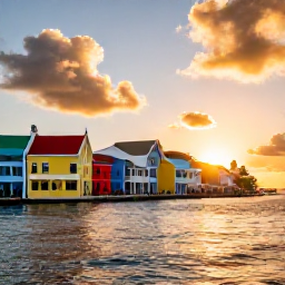 Caribbean Holidays, September Business Class, Caribbean island evening with colourful waterfront buildings, local food and warm sunset light