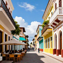 Caribbean Holidays, September Business Class, Colourful colonial street in Santo Domingo, Dominican Republic, with historic buildings, caf&eacute;s and pedestrians