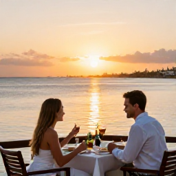 Caribbean Holidays, September Business Class, Couple enjoying a relaxed dinner at a waterside restaurant in Cura&ccedil;ao at sunset