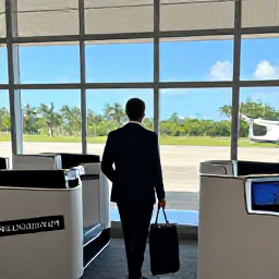 Caribbean Holidays, September Business Class, Elegant business class traveller arriving at a modern Jamaican airport with tropical landscape beyond