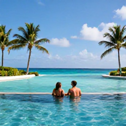 Caribbean Holidays, September Business Class, Elegant Caribbean resort with infinity pool, palm trees and a couple enjoying a September holiday