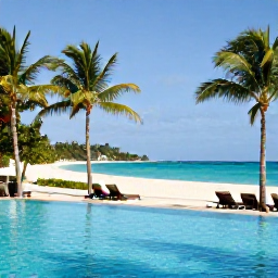 Caribbean Holidays, September Business Class, Luxury Dominican Republic resort pool beside a tropical beach, with comfortable loungers, palm trees and blue September skies