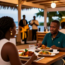Caribbean Holidays, September Business Class, Traveller enjoying Jamaican cuisine and live reggae music at a relaxed evening restaurant