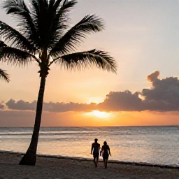Caribbean Holidays, September Business Class, Warm Jamaican beach at sunset in September with calm sea, palm trees and a relaxed couple walking along the shore