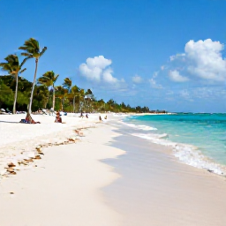 Caribbean Holidays, September Business Class, Wide sandy beach in Punta Cana, Dominican Republic, with turquoise water, palm trees and a few relaxed September visitors