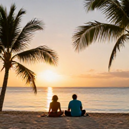 Caribbean Holidays, September Caribbean, A couple relaxing on a Caribbean beach at sunset in September, with calm sea, palm silhouettes and warm golden light