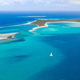 Caribbean Holidays, September Caribbean, Aerial photograph of several Caribbean islands surrounded by turquoise sea, with a small sailing boat between them