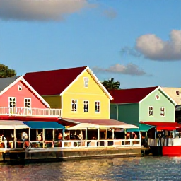 Caribbean Holidays, September Caribbean, Colourful Caribbean harbour with traditional buildings, local market stalls and visitors exploring in warm September sunshine