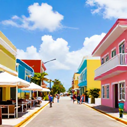Caribbean Holidays, September Caribbean, Colourful Caribbean town street in September with pastel buildings, local caf&eacute;s, tropical plants and visitors exploring