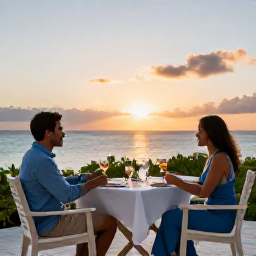 Caribbean Holidays, September Caribbean, Comfortable Caribbean resort terrace overlooking a calm sea at sunset, relaxed couple dining outdoors