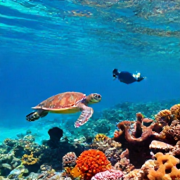 Caribbean Holidays, September Caribbean Holidays, Colourful Caribbean coral reef in clear September water with tropical fish, sea turtles and a snorkeller above the reef