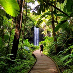 Caribbean Holidays, September Caribbean Holidays, Lush Caribbean rainforest trail in September with tropical leaves, filtered sunlight, a small waterfall and a hiker on a wooden path