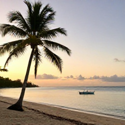 Caribbean Holidays, September Caribbean Holidays, Quiet Caribbean beach at sunrise in September, palm trees, calm turquoise water and a small traditional fishing boat