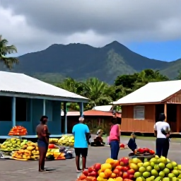 Caribbean Holidays, September Caribbean Holidays, Relaxed Caribbean village market in September with colourful fruit, friendly local people, wooden buildings and mountains in the background