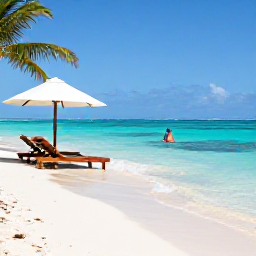 Caribbean Holidays, September Caribbean, Palm-fringed Caribbean beach with clear shallow water, a shaded sun lounger and a snorkeller exploring the reef
