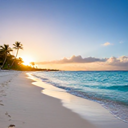 Caribbean Holidays, September Caribbean, Quiet Caribbean beach at sunrise in September, clear turquoise water, soft golden light and a few palm trees