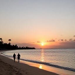Caribbean Holidays, September Caribbean, Relaxed Caribbean sunset over a quiet beach, with a couple walking beside the water and soft golden light on the horizon