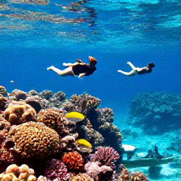 Caribbean Holidays, September Caribbean, Travellers snorkelling over a colourful Caribbean coral reef in clear shallow water, tropical fish and a small boat nearby