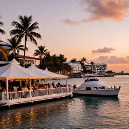 Caribbean Holidays, September City Breaks, Elegant European waterfront at sunset in September, with restaurants, boats and visitors enjoying an evening city break