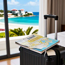Caribbean Holidays, September City Breaks, Traveller planning a September European city break with a small suitcase, map and guidebook in a bright hotel room