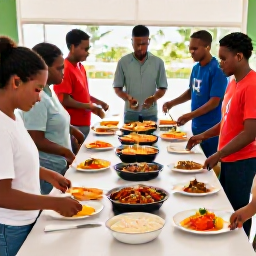 Caribbean Holidays, September Cooking, Friendly Caribbean cooking class in Trinidad, with visitors preparing traditional dishes around a large kitchen table