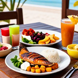 Caribbean Holidays, September Cooking Holidays, A beautifully arranged Caribbean meal on a shaded terrace, including grilled fish, rice, plantain, colourful salad and tropical fruit
