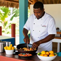 Caribbean Holidays, September Cooking Holidays, A cooking lesson in a traditional Guadeloupe kitchen, showing a local chef preparing Creole seafood, spices and vegetables