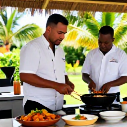 Caribbean Holidays, September Cooking Holidays, A friendly Caribbean chef teaching visitors how to prepare a traditional dish in an open-air kitchen beside a tropical garden