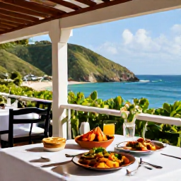 Caribbean Holidays, September Cooking Holidays, A shaded restaurant terrace in Guadeloupe overlooking lush hills and the sea, with a September lunch of Creole dishes