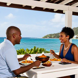 Caribbean Holidays, September Cooking Holidays, Couple enjoying a freshly prepared Creole meal on a shaded terrace overlooking the Martinique coast