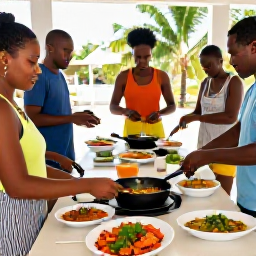 Caribbean Holidays, September Cooking Holidays, Friendly cooking class in a bright Martinique kitchen, preparing Creole dishes with fresh seafood, herbs and vegetables