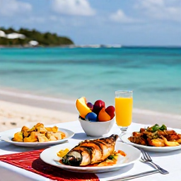 Caribbean Holidays, September Cooking Holidays, Martinique seaside lunch table with grilled fish, Creole dishes, tropical fruit and a view of turquoise water