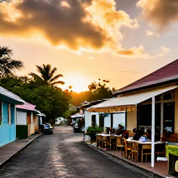 Caribbean Holidays, September Cooking Holidays, Relaxed Martinique village street at sunset with a small restaurant, outdoor tables and warm Caribbean atmosphere