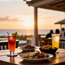Caribbean Holidays, September Cooking, Outdoor Cura&ccedil;ao dining terrace at sunset with a beautifully prepared local meal, chilled drinks and relaxed holiday atmosphere