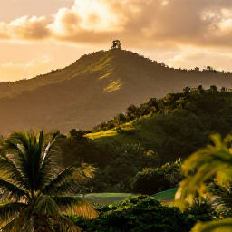 Caribbean Holidays, September Cooking, Tropical Trinidad landscape in September with lush hills, palm trees and a warm Caribbean sky