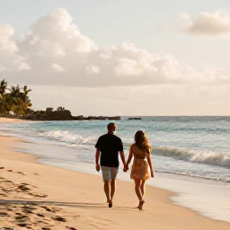 Caribbean Holidays, September Couples, A couple walking hand in hand along a quiet Caribbean beach in Saint Martin during September, warm sea and soft morning light