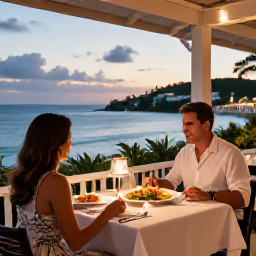 Caribbean Holidays, September Couples, Couple dining at an elegant open-air restaurant in Grand Case, Saint Martin, with Caribbean dishes and a sunset sea view