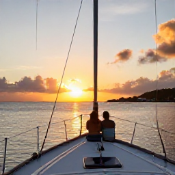 Caribbean Holidays, September Couples, Couple enjoying a sunset sailing cruise around Saint Martin, with glowing sky, calm Caribbean water and the island coastline in the distance