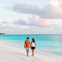 Caribbean Holidays, September Couples, Couple walking hand in hand along a quiet white-sand beach in Providenciales, Turks and Caicos, with turquoise sea and soft September light