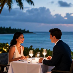 Caribbean Holidays, September Couples, Elegant couple dining outdoors at a relaxed Caribbean restaurant in Providenciales, Turks and Caicos, in the evening