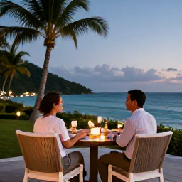 Caribbean Holidays, September Couples Holidays, A couple enjoying a peaceful tropical evening on a hotel terrace overlooking the sea in Trinidad and Tobago
