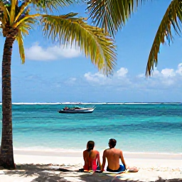 Caribbean Holidays, September Couples Holidays, A couple relaxing beside a calm turquoise bay in Tobago with palm trees and a small local boat offshore