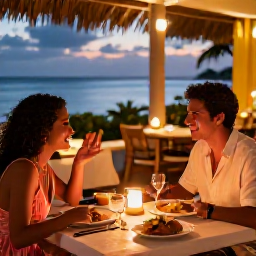 Caribbean Holidays, September Couples Holidays, A couple sharing a candlelit dinner at a relaxed Caribbean restaurant in Tobago, with local dishes and warm evening light